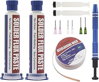 No-Clean Flux Paste, Solder Wick & Electronic Small Parts Pickup Kit, Soldering Flux 10cc/Bottle (2PACK), 10Ft Desoldering Wick, IC Pickup Tool (1 stick)