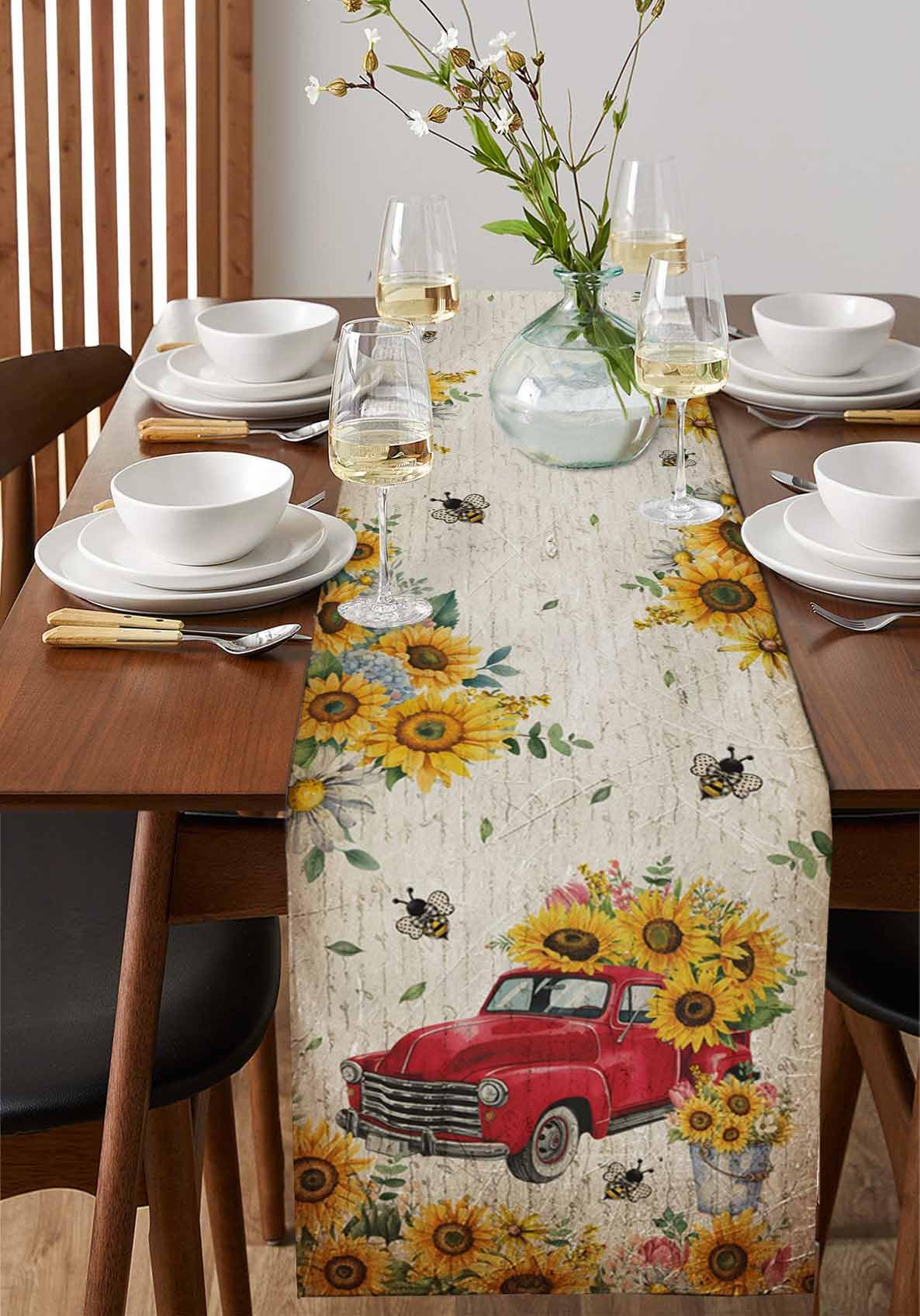 Red Truck Burlap Table Runner - 72 Inch Sunflower Pattern, Floral Dining Room Decor