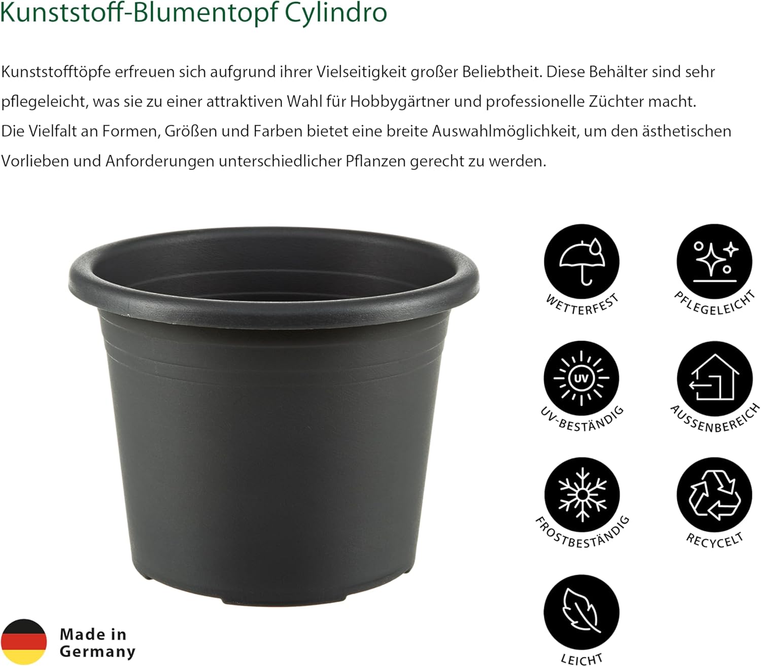 Dehner Round Plastic Flower Pot Cylindro, Charcoal
