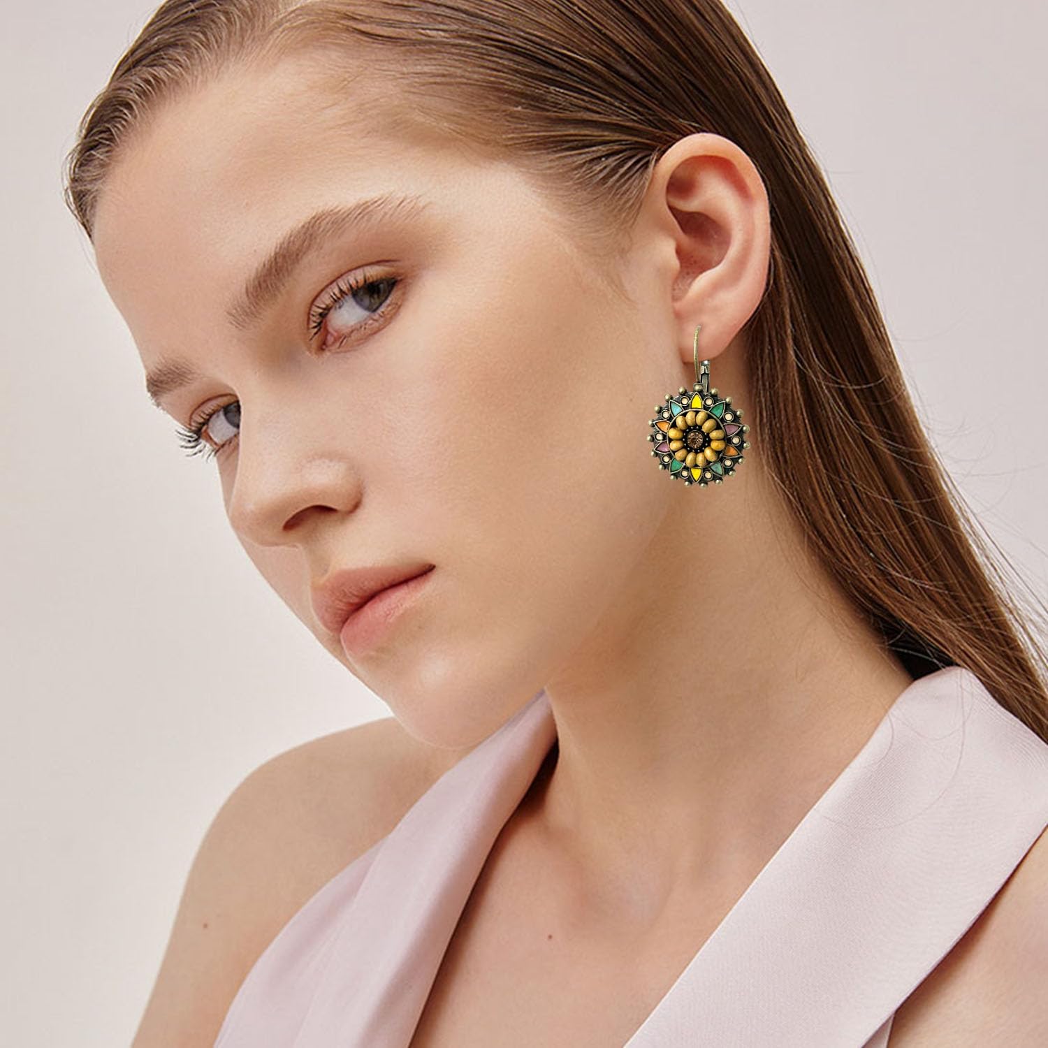 Bohemian Vintage Bronze Geometry Round Enamel Flower Dangle Hoop Lever Back Earrings Ethnic Handmade Wooden Beaded Circle Disc Teardrop Dangle Drop Earrings For Women image 4