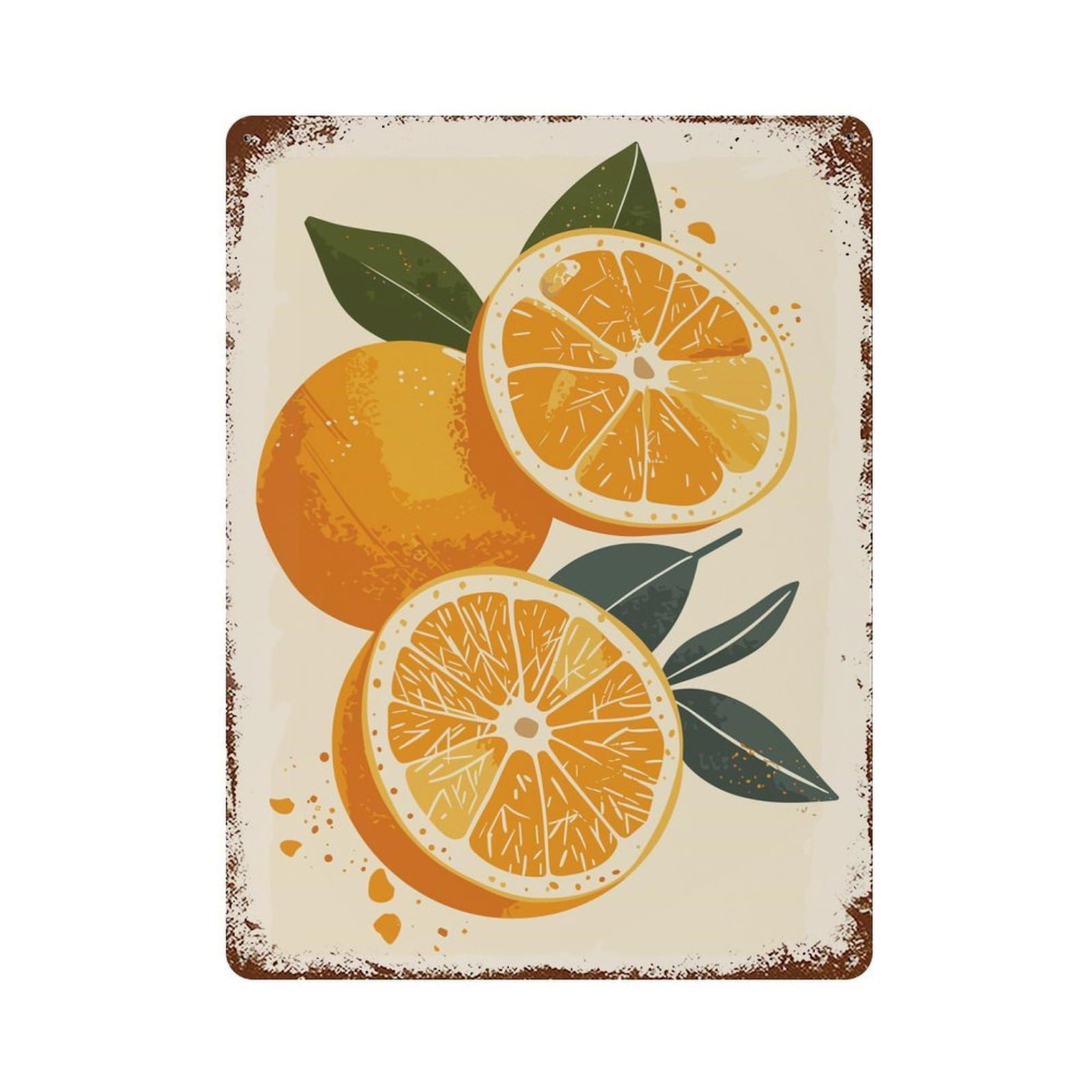 Rust Effect Tin Sign with Orange Fruit Illustration Design 15.7"x11.8", for Pub, Kitchen And Man Cave Decor, Industrial Home Decor