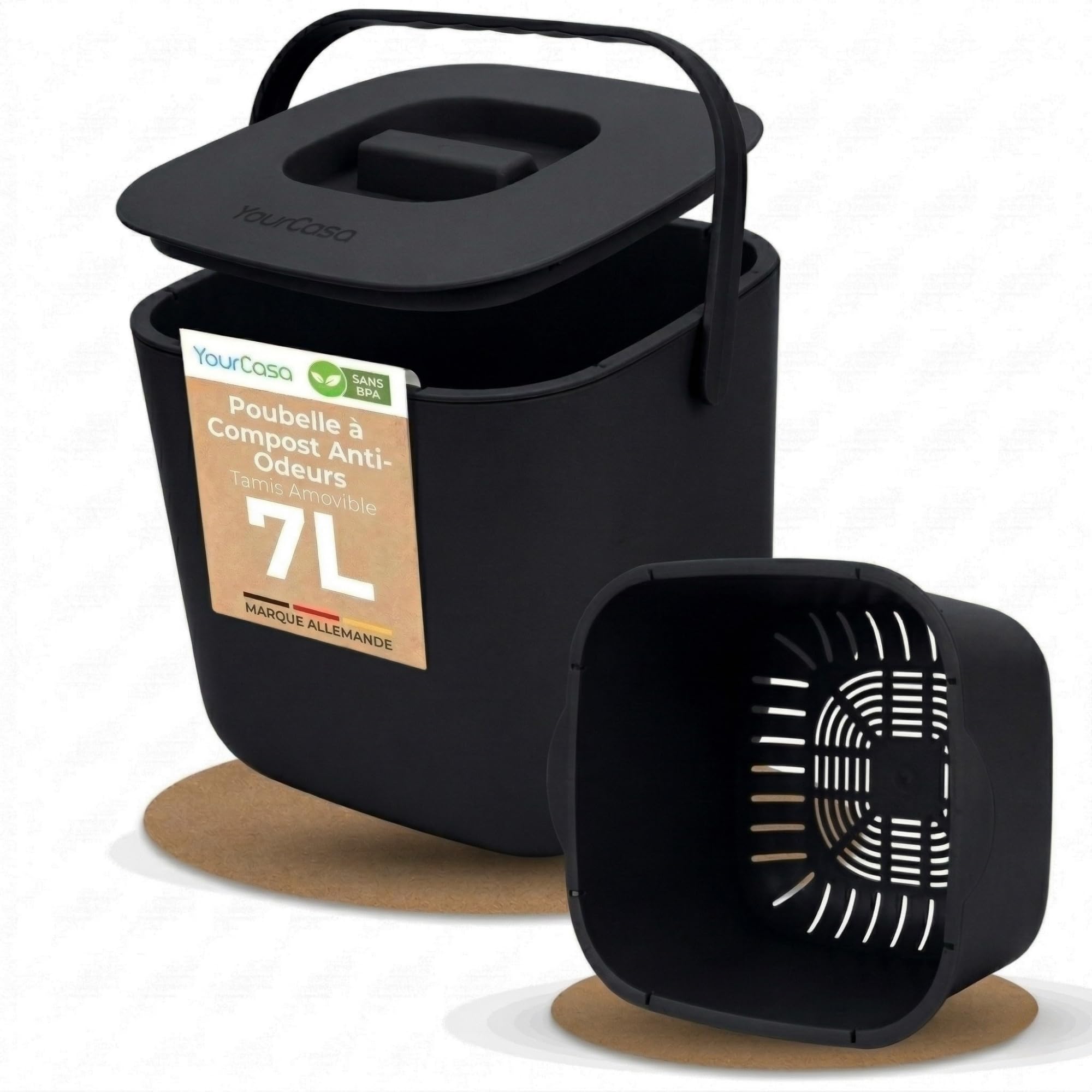 YourCasa® Composteur Cuisine - 7L Poubelle compost cuisine pour les déchets organiques quotidiens Lavable au Lave Inodore poubelles à compost seau compost cuisine petite poubelle cuisine (Noir)