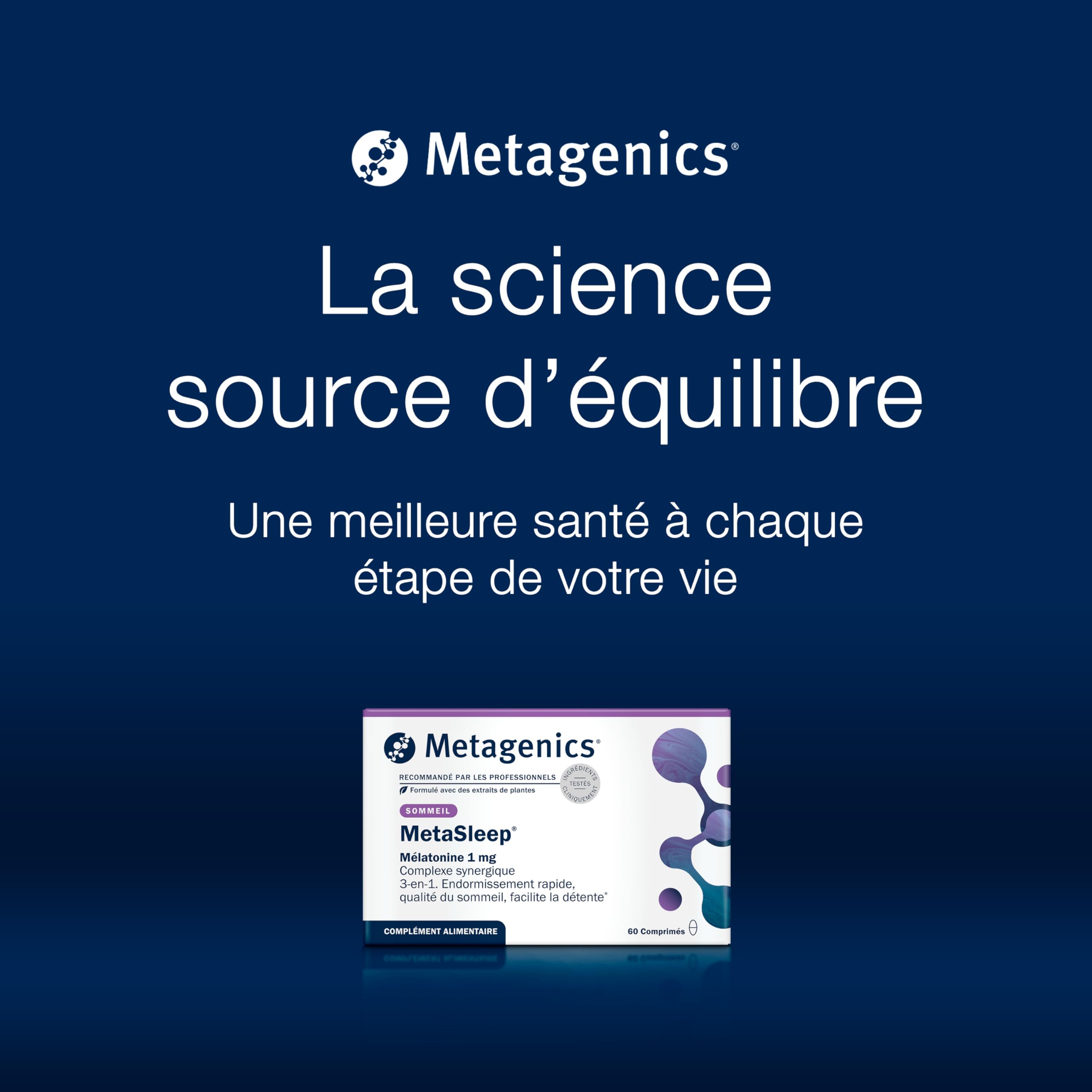 Metagenics MetaSleep - Complément Alimentaire Mélatonine 1 mg, Valériane, Mélisse, Magnésium, Vitamines B6 & B12 - Sommeil Réparateur & Relaxation - Végan - 60 Comprimés
