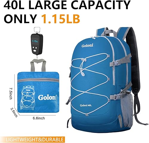 Miniatura 5 de Mochila de senderismo,Mochila plegable ultraligera de 40 litros,Mochila plegable resistente al agua para viajes, Po Azul, Classic