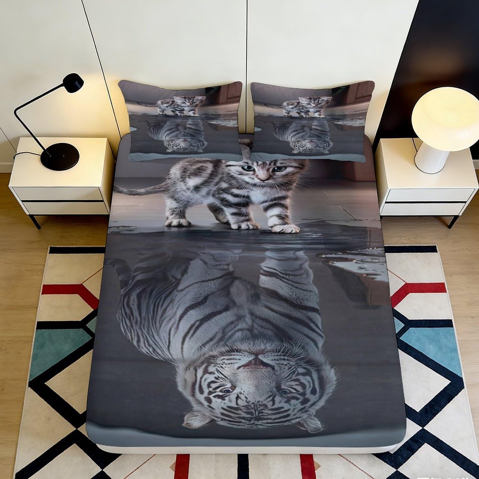 3D Printed Kitten Reflection Tiger Fitted Sheet Microfiber Non-Slip Mattress Cover for Bedroom Dorm Easy Care Decor 160x200x25cm
