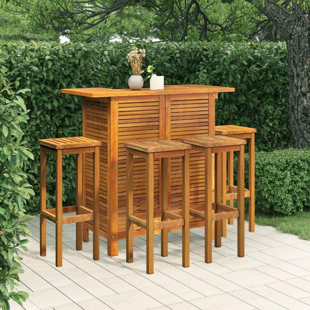 5 Piece Patio Bar Set Solid Wood Acacia Porch Furniture Patio Table and Chairs Set Outdoor Patio Set Suitable for Lawn, Garden, Poolside.