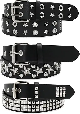 3 Pcs Black Studded Belt Y2K Belt Star Gothic Punk Rock Belts with Grommet Threads Bright Metal Pyramid for Women Men