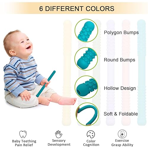 Miniatura 3 de Tubos de dentición huecos juguetes para bebés niñas y niños, paquete de 5 juguetes mordedores de silicona para bebés tubos para infantes con