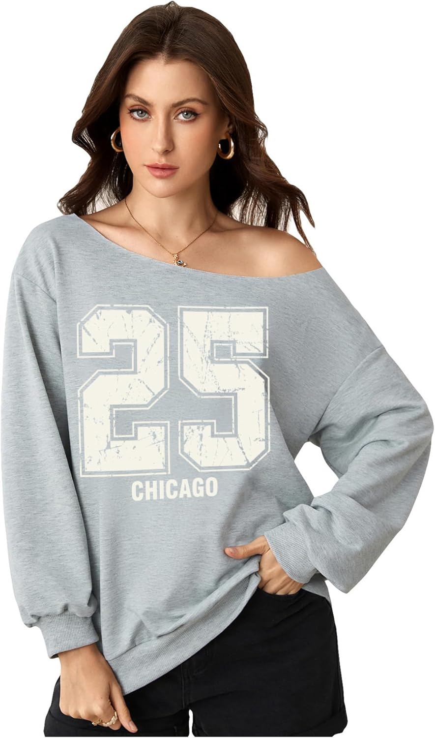 SweatyRocks Women's Off The Shoulder Tops Long Sleeve Number Graphic Oversized Tee Shirts Casual Jersey