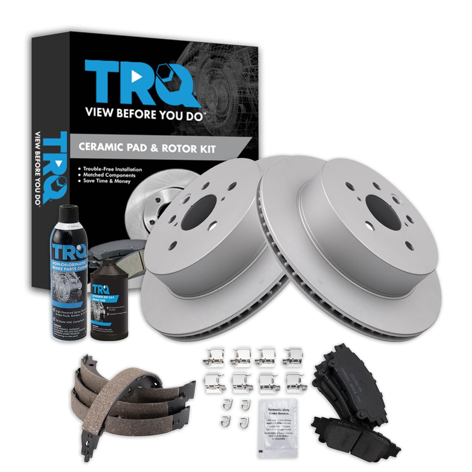 TRQ Rear Brake Pad &amp; Rotor Kit, with Chemical Kit Parking Brake Shoe Set Ceramic Premium G-Coated Compatible with 2014 Lexus IS250