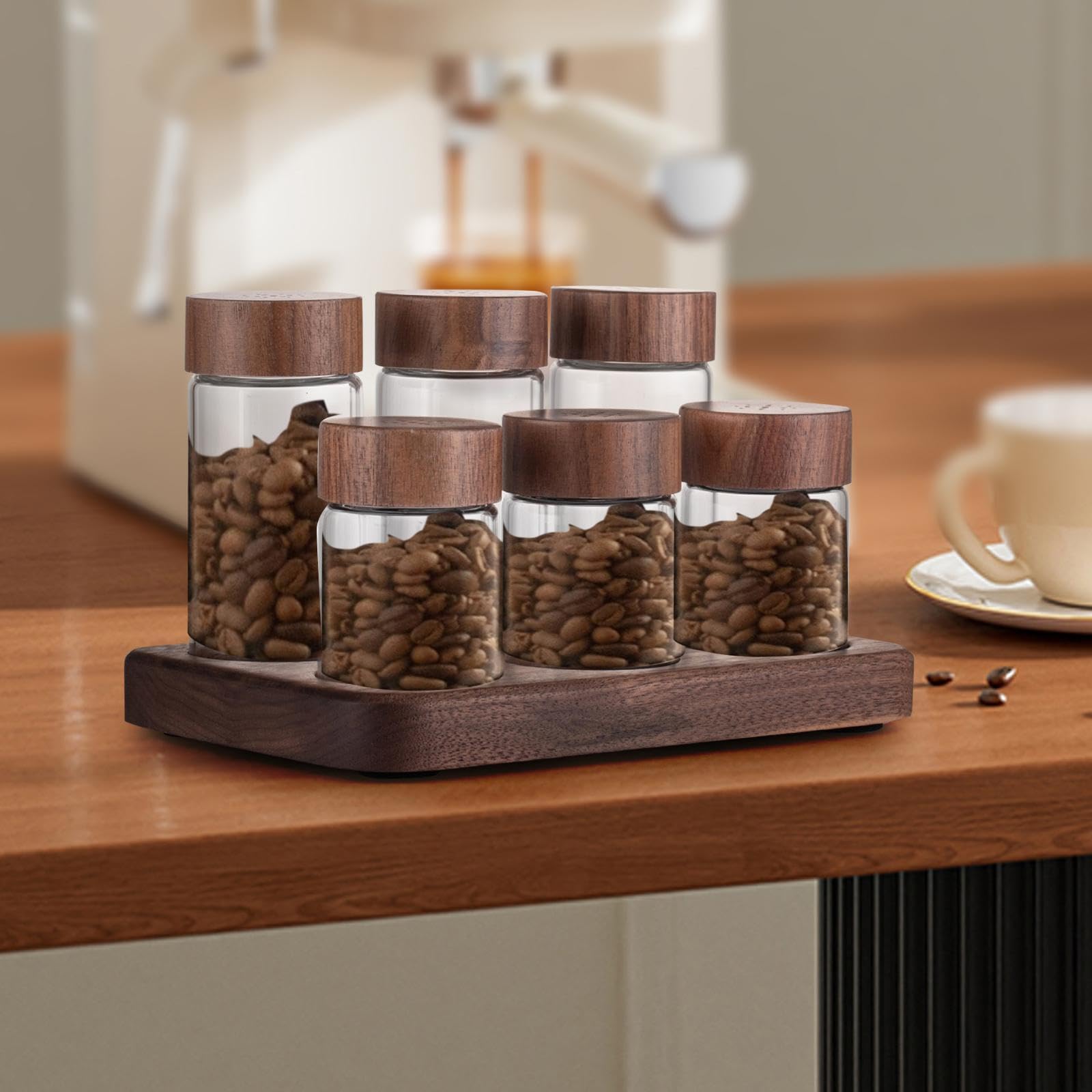 Mehrzweck Vorratsglas für Kaffeebohnen, luftdichter Behälter mit Dosierglasfläschchen für längere Frische, Einzelportionen mit Holzhalter