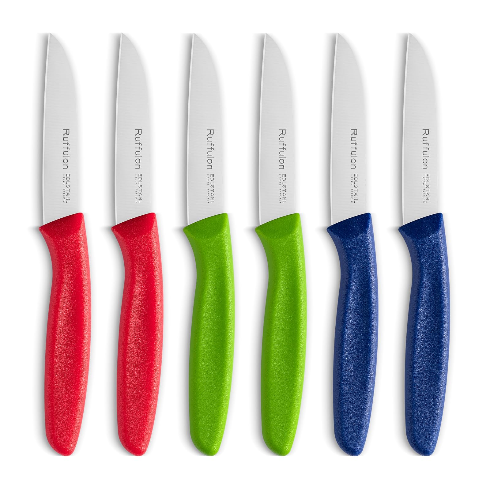 Ruffulon Fruit Knife Set of 6,Straight Edge,Anti-Slip Handle,Red/Green/Blue