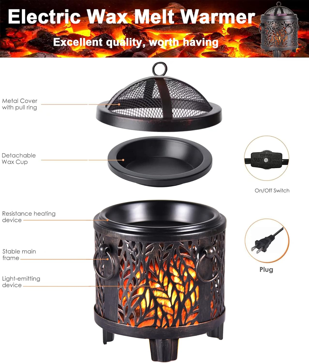 Campfire Wax Warmer,4-in-1 Metal Electric Wax melt Warmer,Vintage Country Style Aromatherapy Burner for perfumes,Home Decor,Gifts (Leaves)