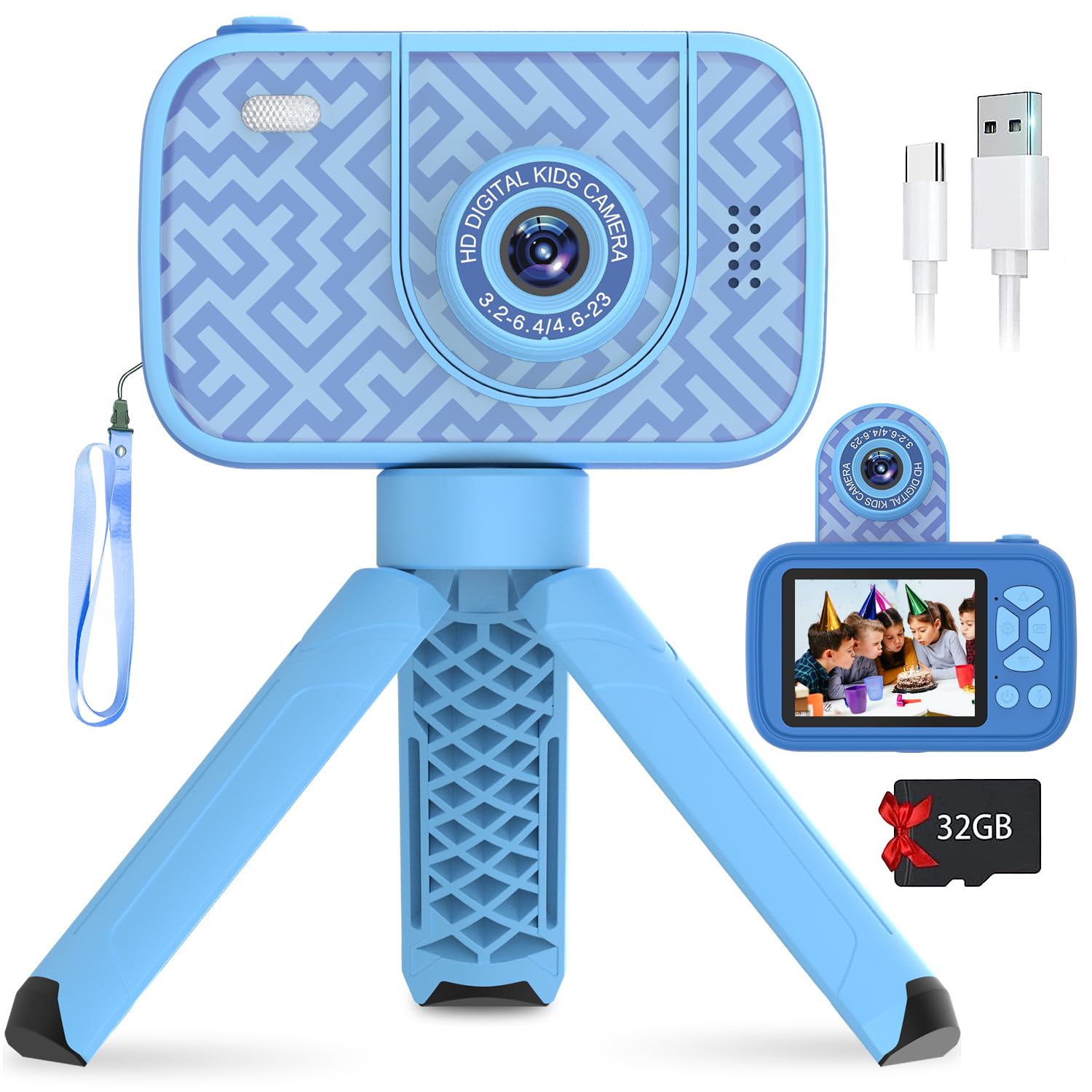 DMG TECH Digital Camera for Kids - 96MP, 8x Zoom, 1080P HD Video, 32GB SD Card, 2.4 Inch IPS Screen, Selfie Camera for Teens (Blue)