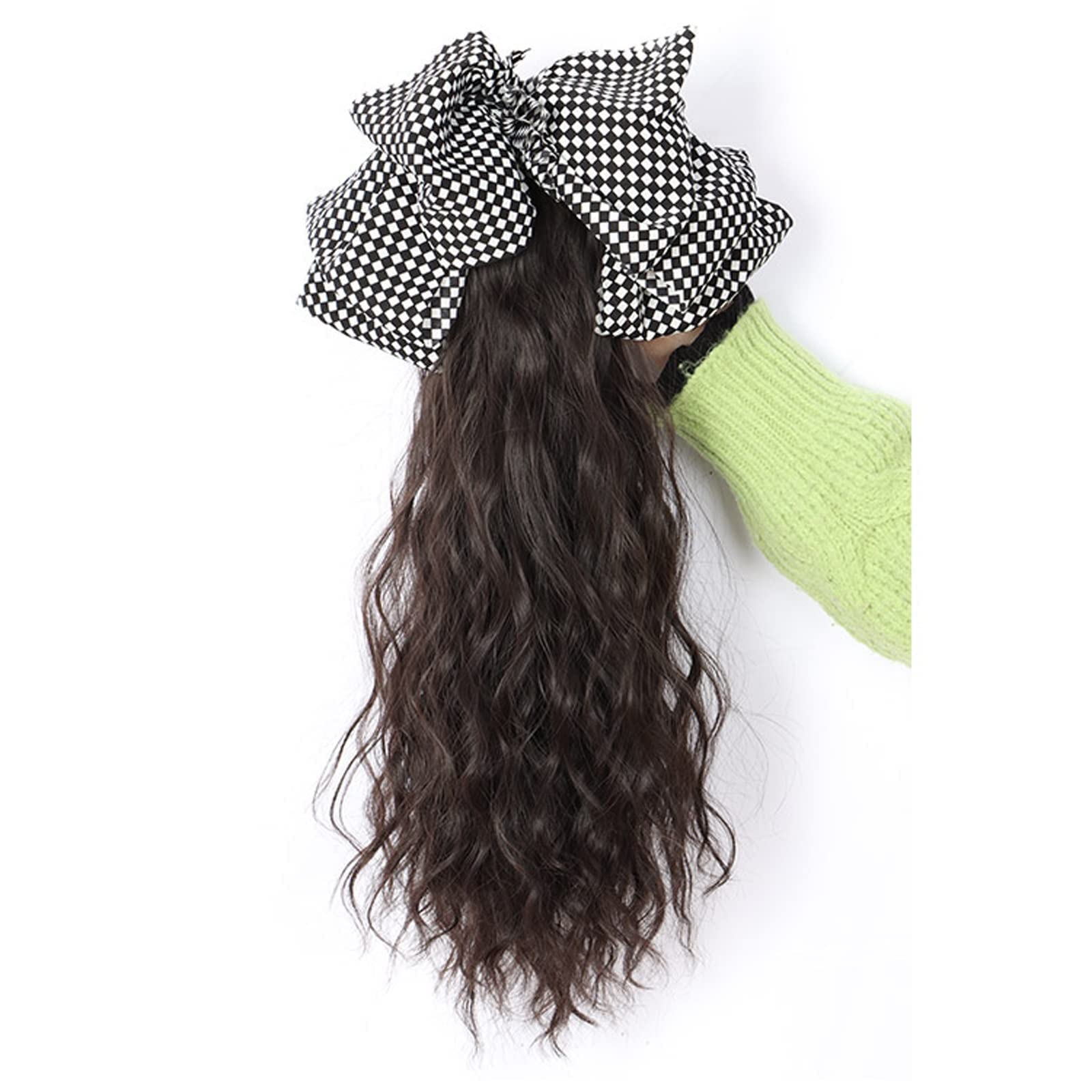 Wigs Wig Ponytail Bow Hair Accessories Girls Grab Clip Water Ripple Ponytail Braid High Value Wig Ladies wig (Checkerboard bow, Black Brown)