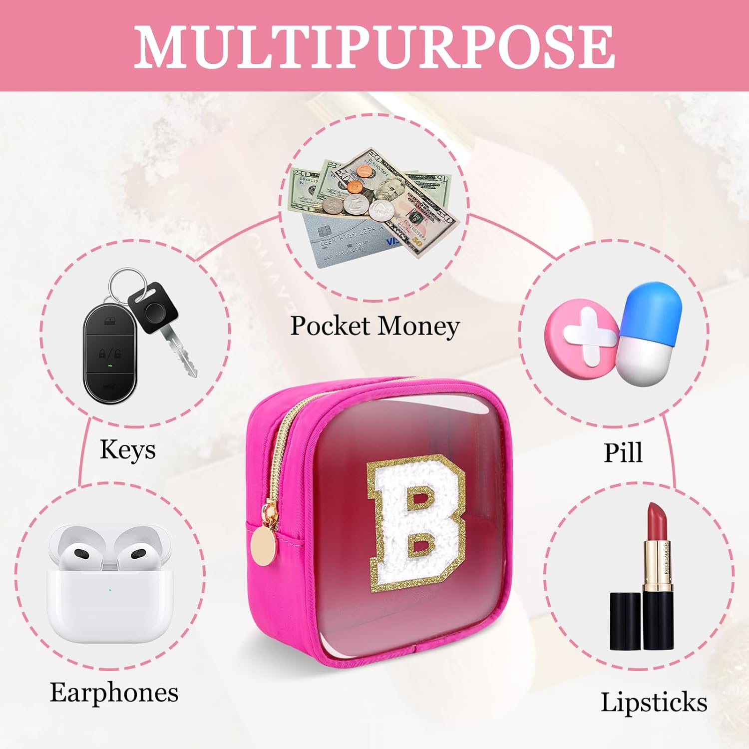 Mini Clear Personalized Initial Makeup Bag,Nylon Preppy A-Z Chenille Letter Patch Zipper Cosmetic Bag, Small Cute Beach Pouch Travel Purse Sanitary Napkin Storage Bag for Women Girls(Hot Pink-White B) - Image 7
