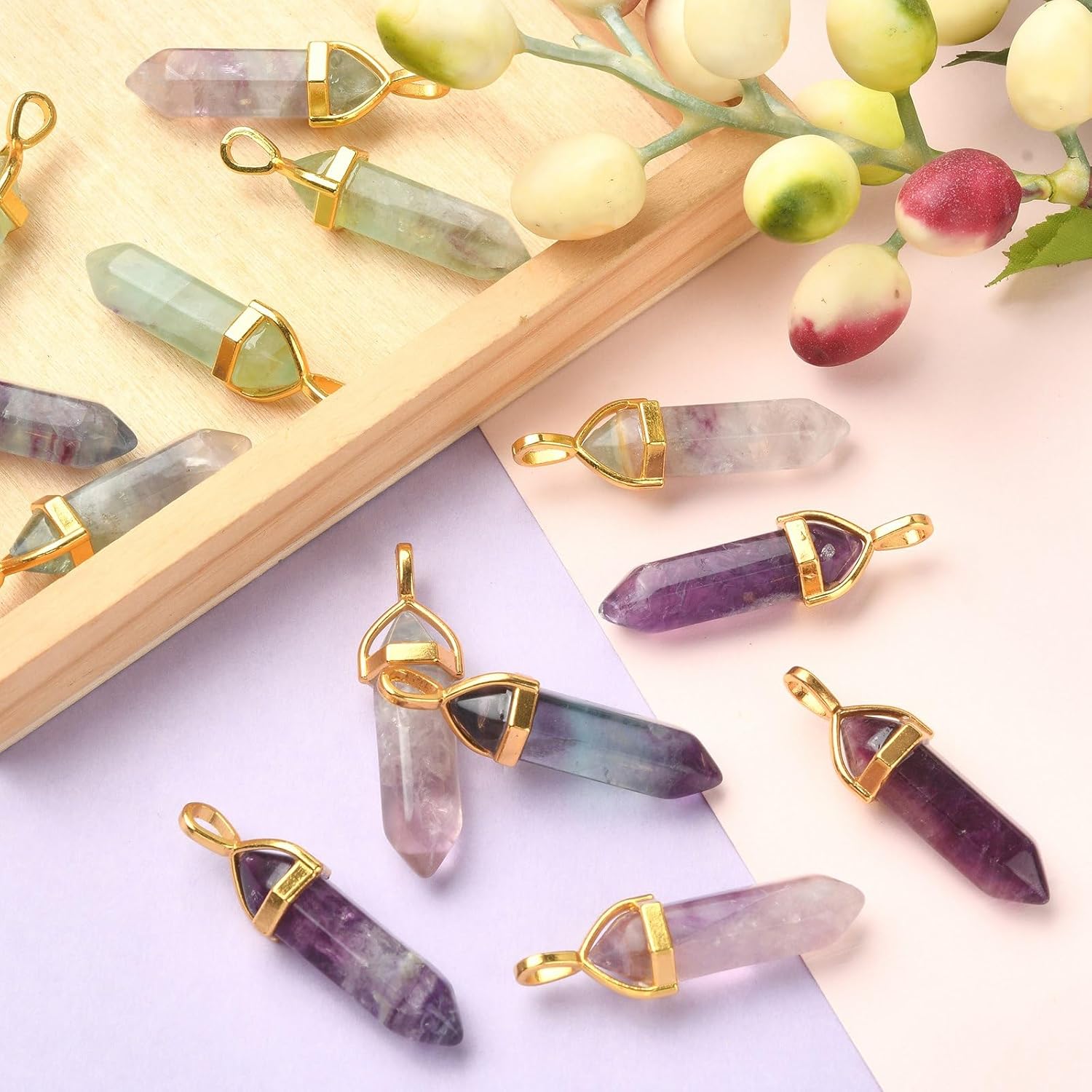 KitBeads 20Pcs Natural Fluorite Gemstone Bullet Shape Charms Healing Pointed Chakra Bullet Charms for Jewelry Making