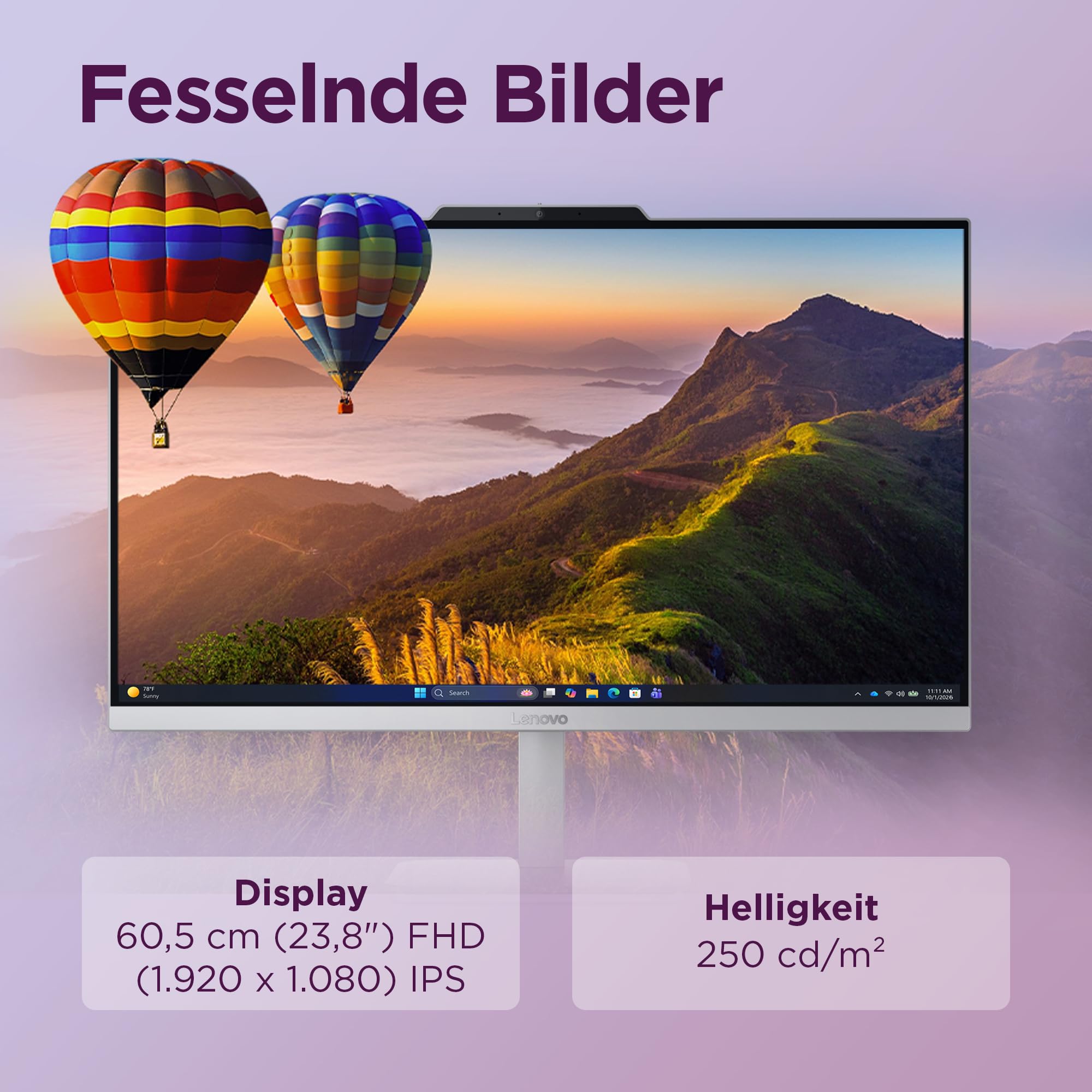 Lenovo AIO A105a All-In-One PC | 23.8" Full HD Display | AMD Ryzen 5 40 | 16GB RAM | 512GB SSD | AMD Radeon 610M Grafik | Windows 11 | Inkl. Maus und Tastatur | Grau | 3 Monate Premium Care