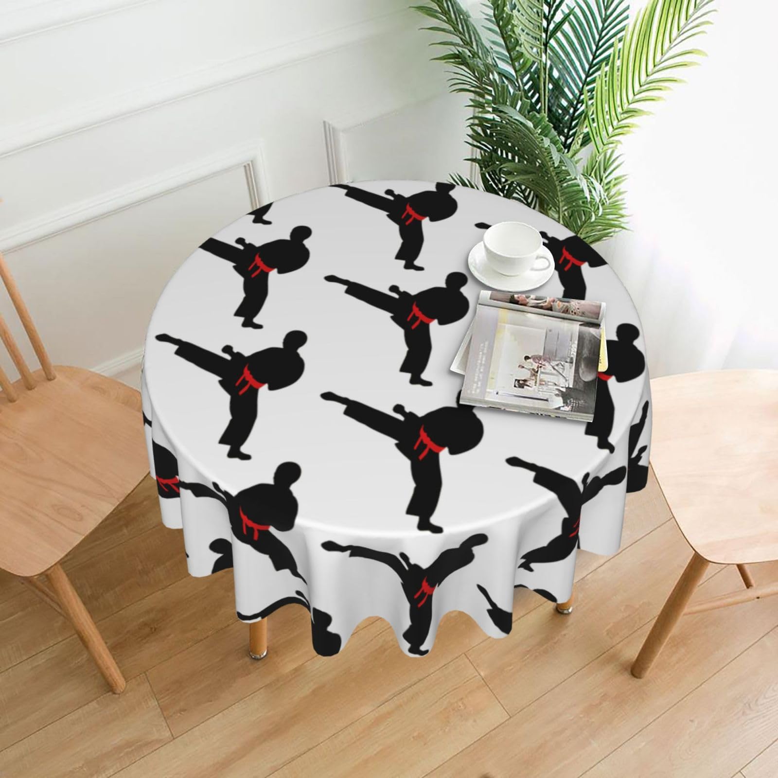 Sdegtho Boys Black Karate Vector Changeable Belt Color Print Boho Round Tablecloth 60In Vintage Polyester Cover For Wedding Party Thanksgiving