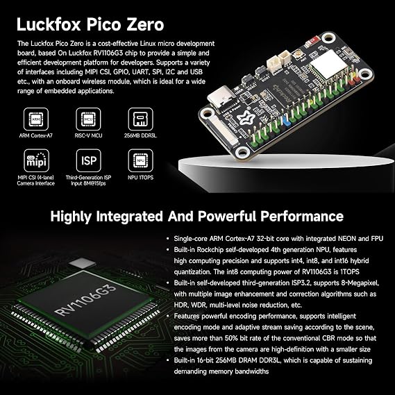 LUCKFOX Pico Zero - Linux Micro Development Board with ARM Cortex-A7, WiFi 6, BT 5.2, NPU 1TOPS, Supports MIPI CSI, GPIO for IoT/Robotics/Smart Home