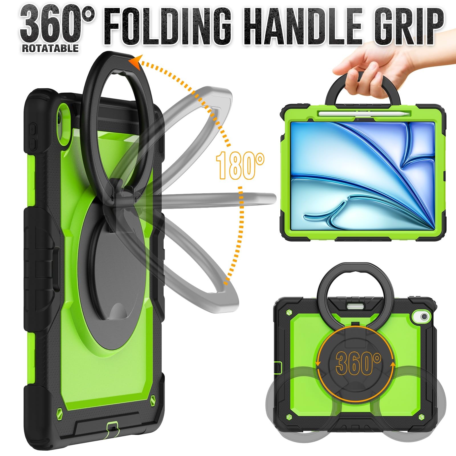 Kompatybilny z iPad Air 13 cali M2 2024 Etui ochronne na całą obudowę uchwytem ołówek i ochraniaczem ekranu, wytrzymała, solidna obudowa obrotowym silikonowym(Yellow Green 2)