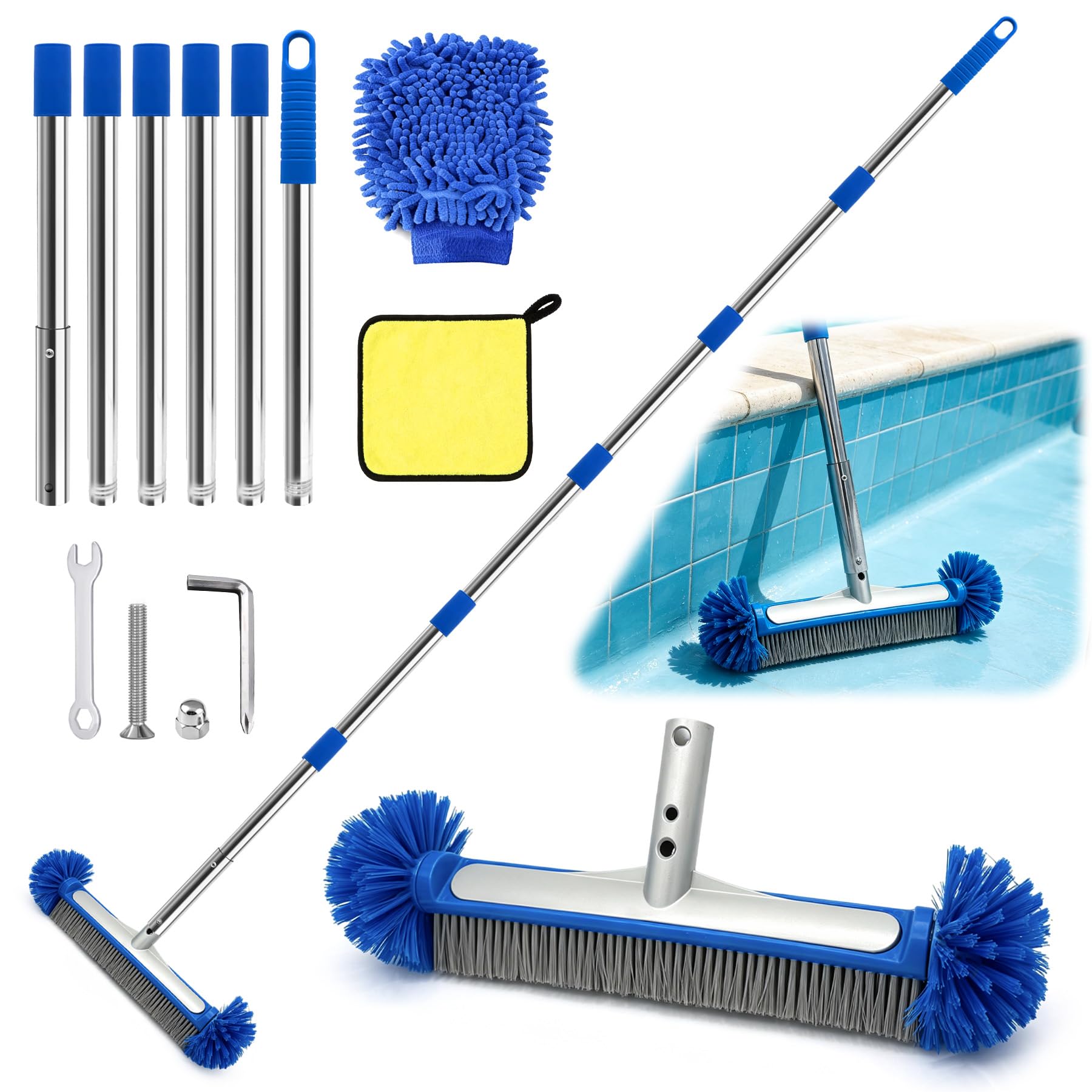 TZEKING Pool Brush with Handle 230 cm, Pool Brush 43 cm, Pool Cleaning Kit, with Adjustable Stainless Steel Rod, Designed for Cleaning Tiles and Floors of Walls