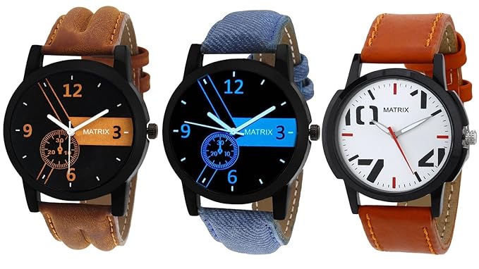 Multicolor Dial & Multicolor Leather Strap Analog Watches for Men/Boys - Combo (Pack of 3) - (TRP-13)