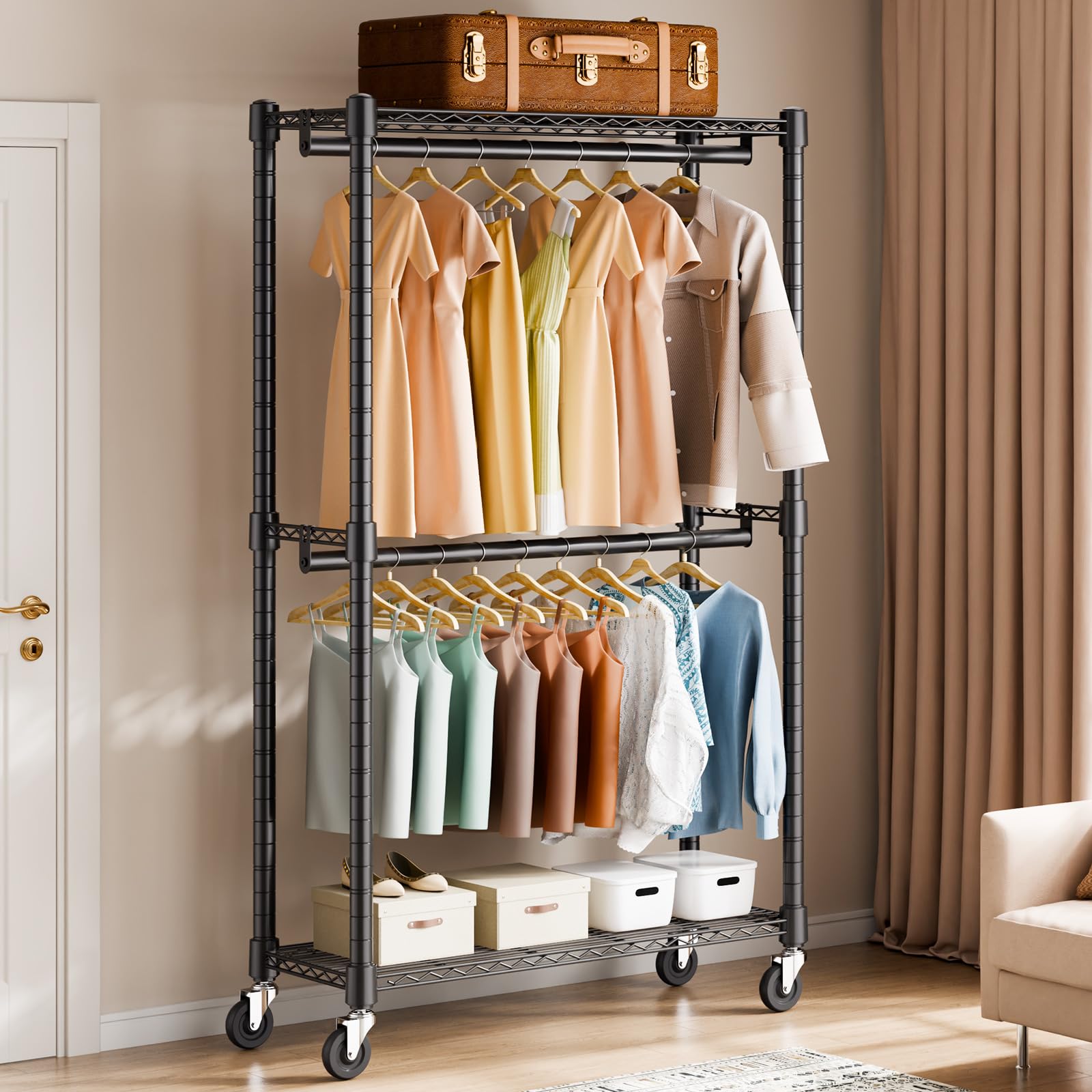 VEVOR Rollbarer Kleiderständer Garderobenständer 1 Kleiderstange, 2-lagig, 136 kg Belastbar Strapazierfähiger Rollbarer Kleiderständer für Schlafzimmer, Wäscheraum, Ankleidezimmer, Eingang usw.