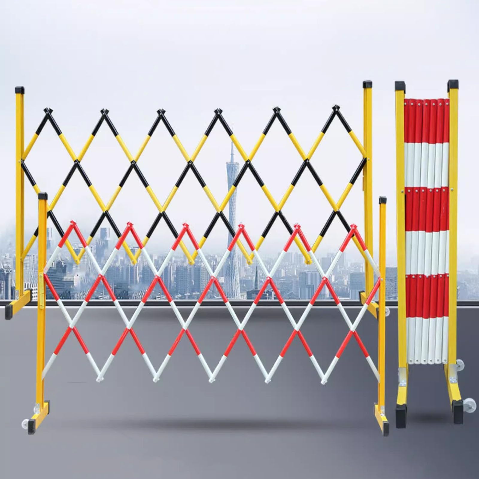 Generisch Tragbare, ausziehbare Absperrung mit Rollen – Flexibles Falttor für Einfahrten, Absperrgitter für Autobahnen, Einkaufszentren und Baustellen (Gelb/Rot)