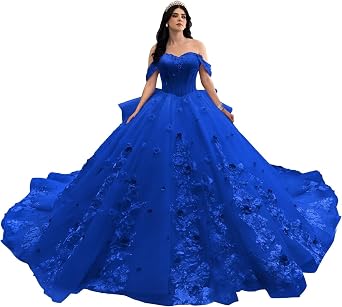 Zhangyo Off Shoulder Quinceanera Dresses Puffy Tulle Sweet 15 16 Dress | 3D Flowers Quince Dress with Train ,Lace Beaded Ball Gown with Bow,Built-In Bra,For Quince, Prom, Holiday Formal Parties