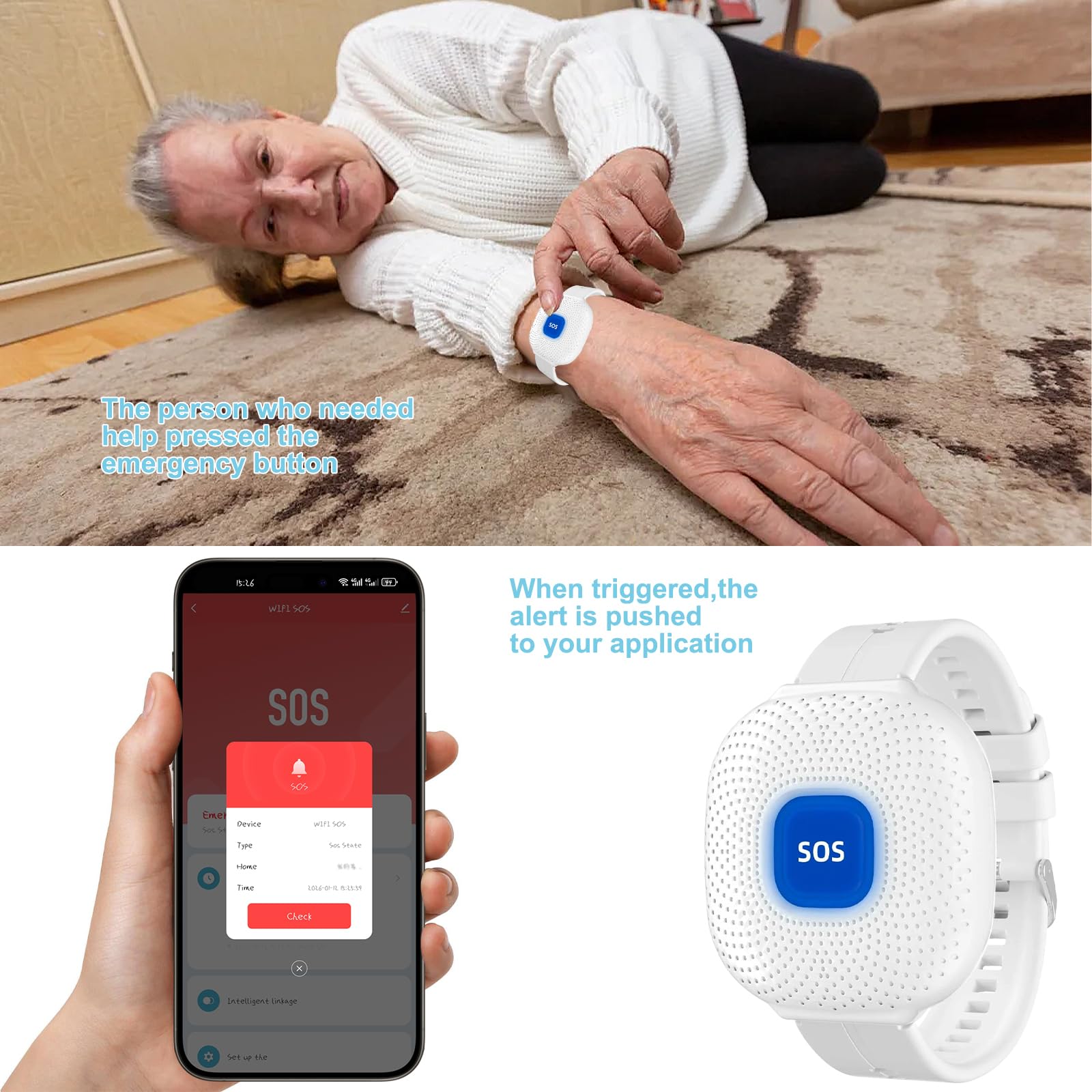 WiFi Bouton Alarme Personne Agee,SOS Alarmes de Bouton d'urgence Personnes Âgées,Contrôle D'application Tuya,Bracelet Alarme Personne Agee pour Personnes âgées ,Patients Handicapés (Blanc)