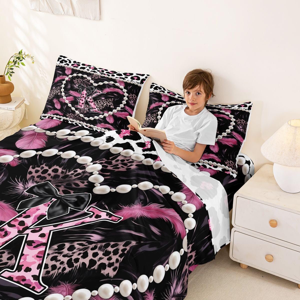 Erosebridal Personalized Black Bow Initial Letter K Sheet Set Aesthetic Feather Pink Leopard Print Full Size Bed Sheets for Toddler Boys,Glam Beaded Heart Coquette Pearl Y2K Monogram Bedding Set