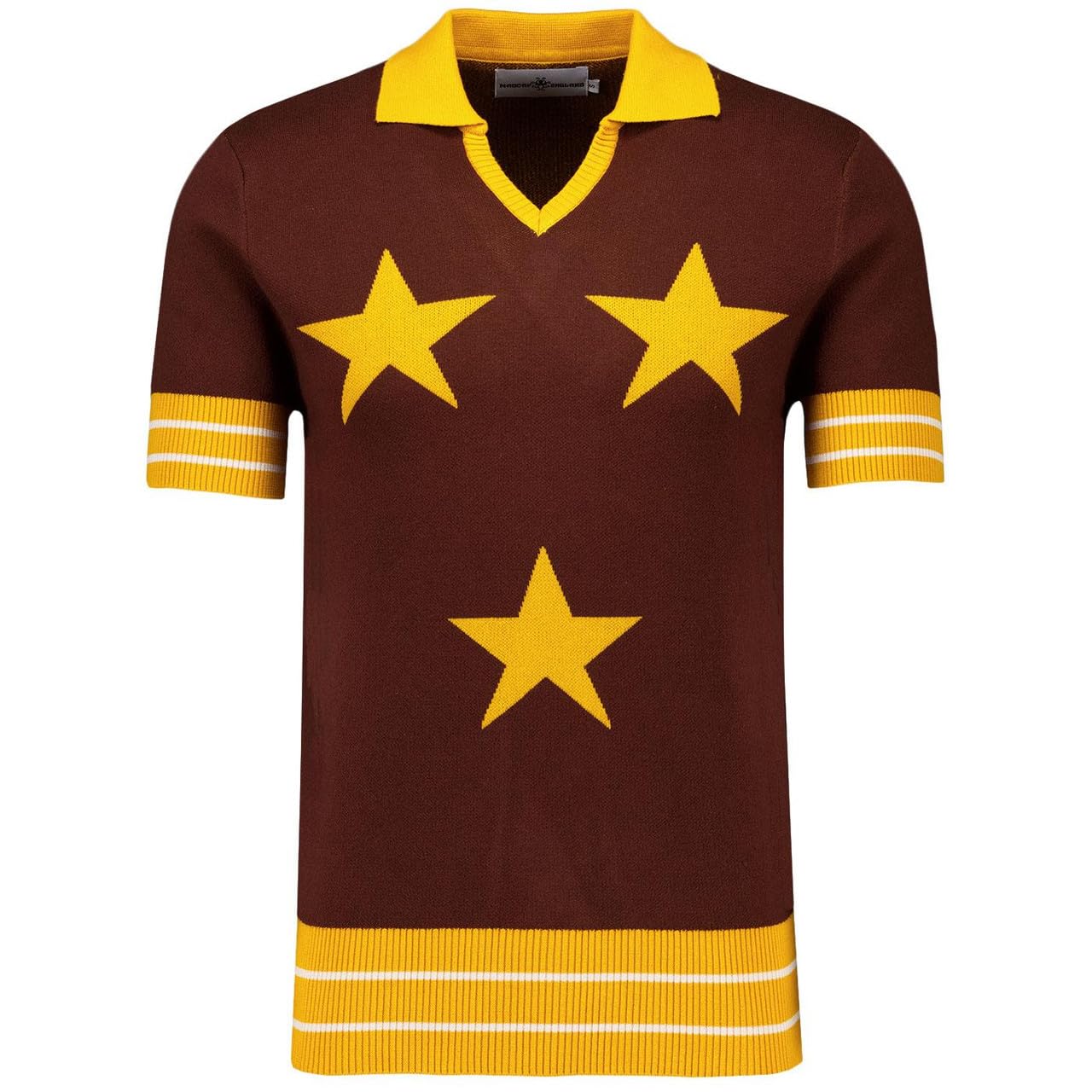 Madcap England Men's Brown/Yellow Retro 70S Mod Northern Soul 3-Star Knitted Short Sleeve Skipper Neck Polo Ktf Mc1140 (Uk, Alpha, Xl, Regular, Regular, )