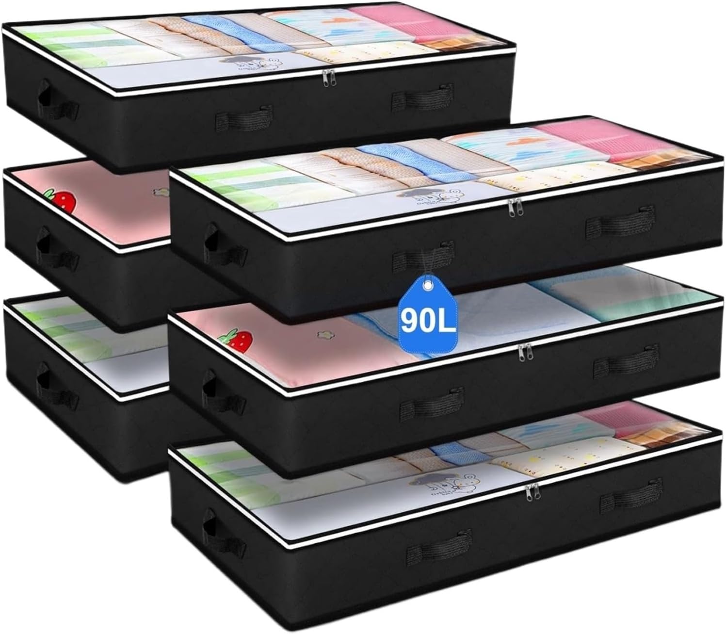 PETRELS Under bed storage bins 90L Under Bed Storage Containers, 6 Pack Underbed Closet Storage Organizer, Moving Bags with Clear Window(Black)