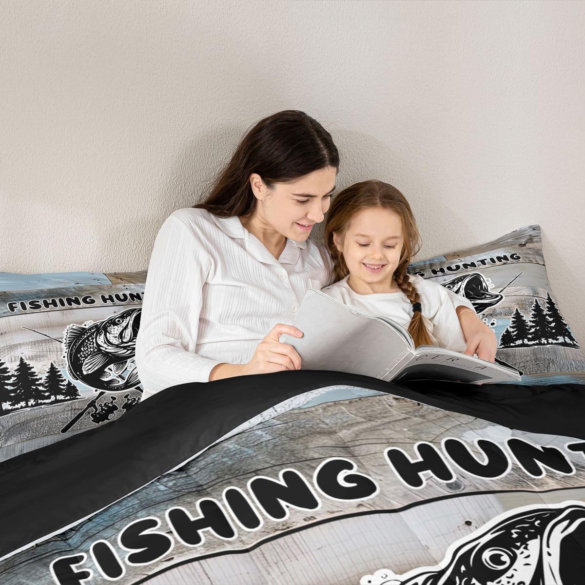 Feelyou Fishing Bedding Set Soft for Boys Girls, Rustic Lakehouse Farm Comforter Set Twin Size Cabin Country Duvet Quilt Microfiber Bedroom Decor 2 Pcs with 1 Pillow Cases