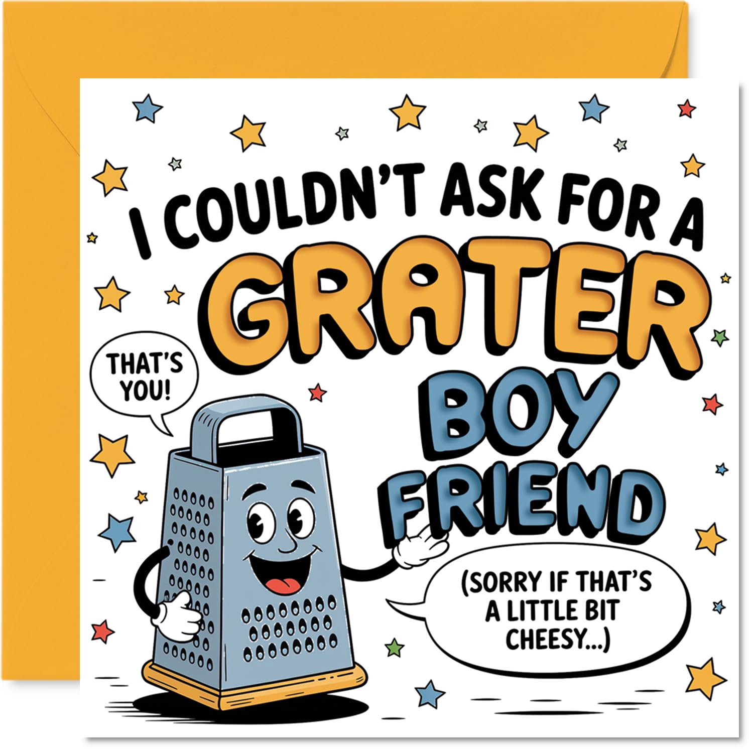 Funny Birthday Card for Boyfriend - A Little Bit Cheesy but Full of Love - Playful Cartoon Grater Character and Pun, Anniversary - 145mm Square, Envelope Included