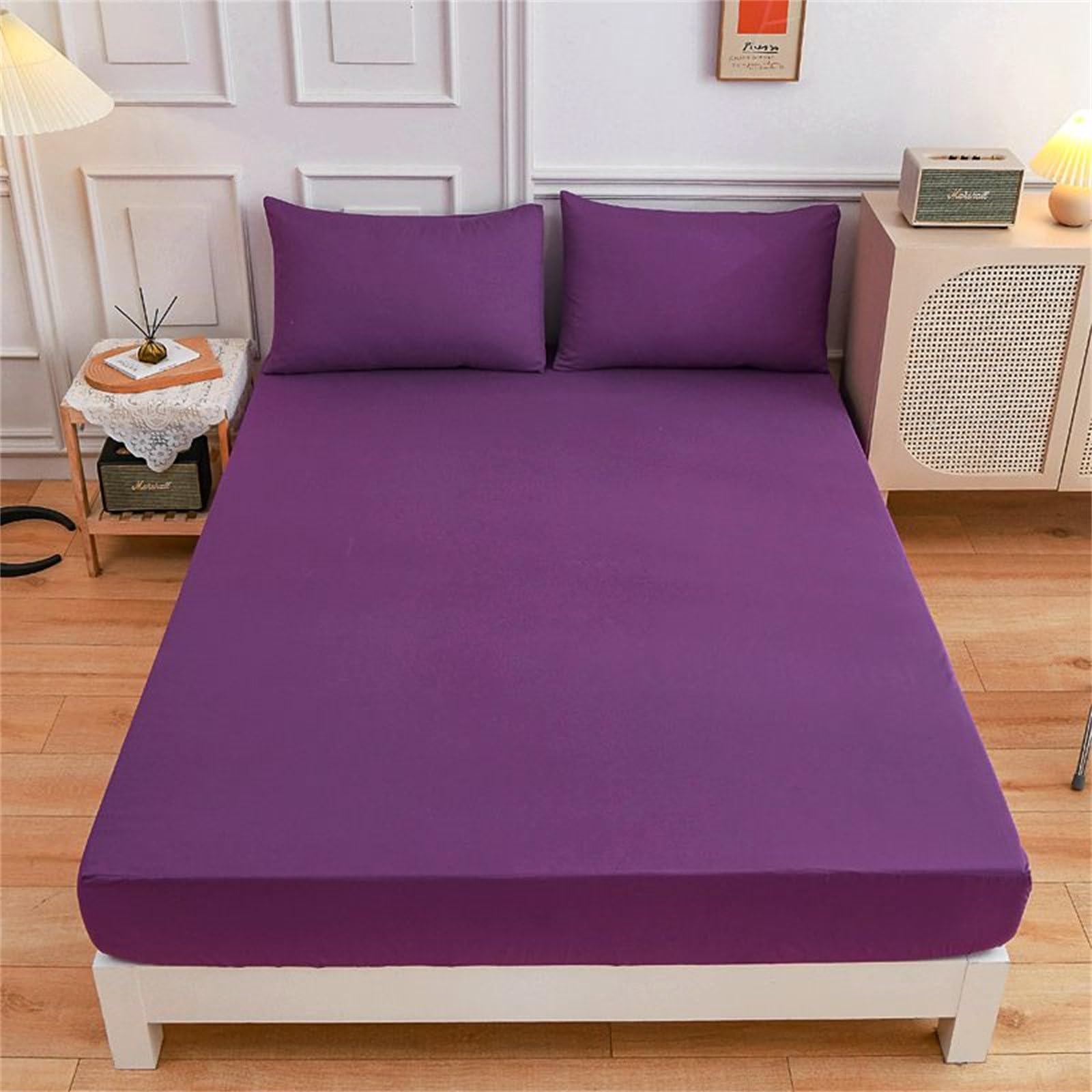 Surwin King Double Single Fitted Sheets, Simple Solid Color Microfibre Fitted Bed Sheets, 27cm Deep Pocket Fitted Sheet, Soft Bedsheets (King,Purple)