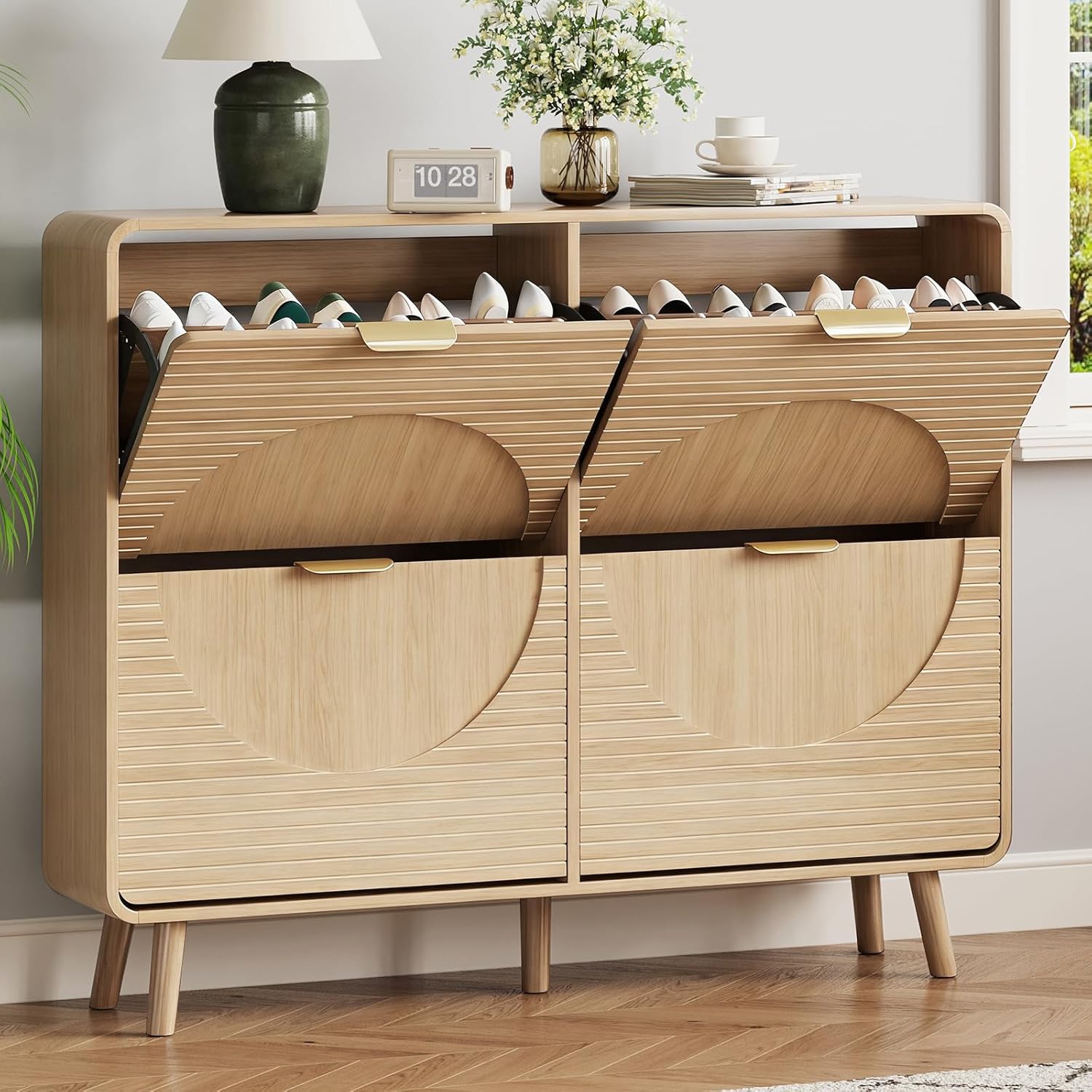 Fluted Shoe Storage Cabinet for Entryway with 4 Flip Drawers, Narrow Wood Fluted Slim Shoe Rack Cabinet, Free Standing Wooden Shoes Organizer for Foyer, Hallway (4 Flip Drawers, B-Oak)