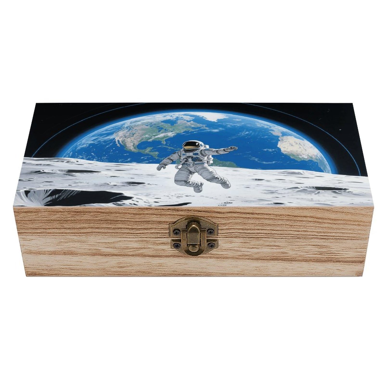 FodPand Decorative Keepsake Box Wooden Storage Boxes with Hinged Lid Handmade Astronaut Moon Jump Wood Organizer Memory Treasure Box for Jewelry Craft Card Photo Storage Wedding Bridal Shower Gifts