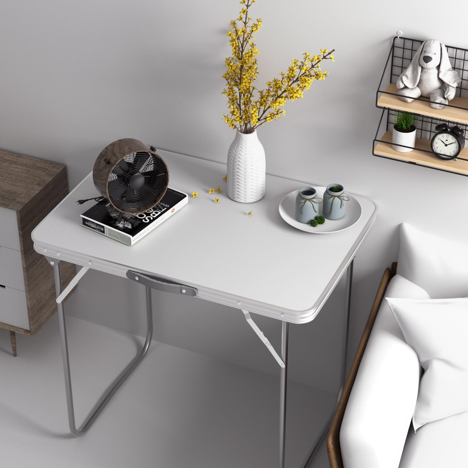Table Pliante 80cm Robuste, Table de Marché Transportable Pieds Aluminium, Plateau MDF 80x60cm Facile à Nettoyer, Bureau Camping Pliable Valise pour Stand Commercial et Fête, Marchés aux Puces, Blanc