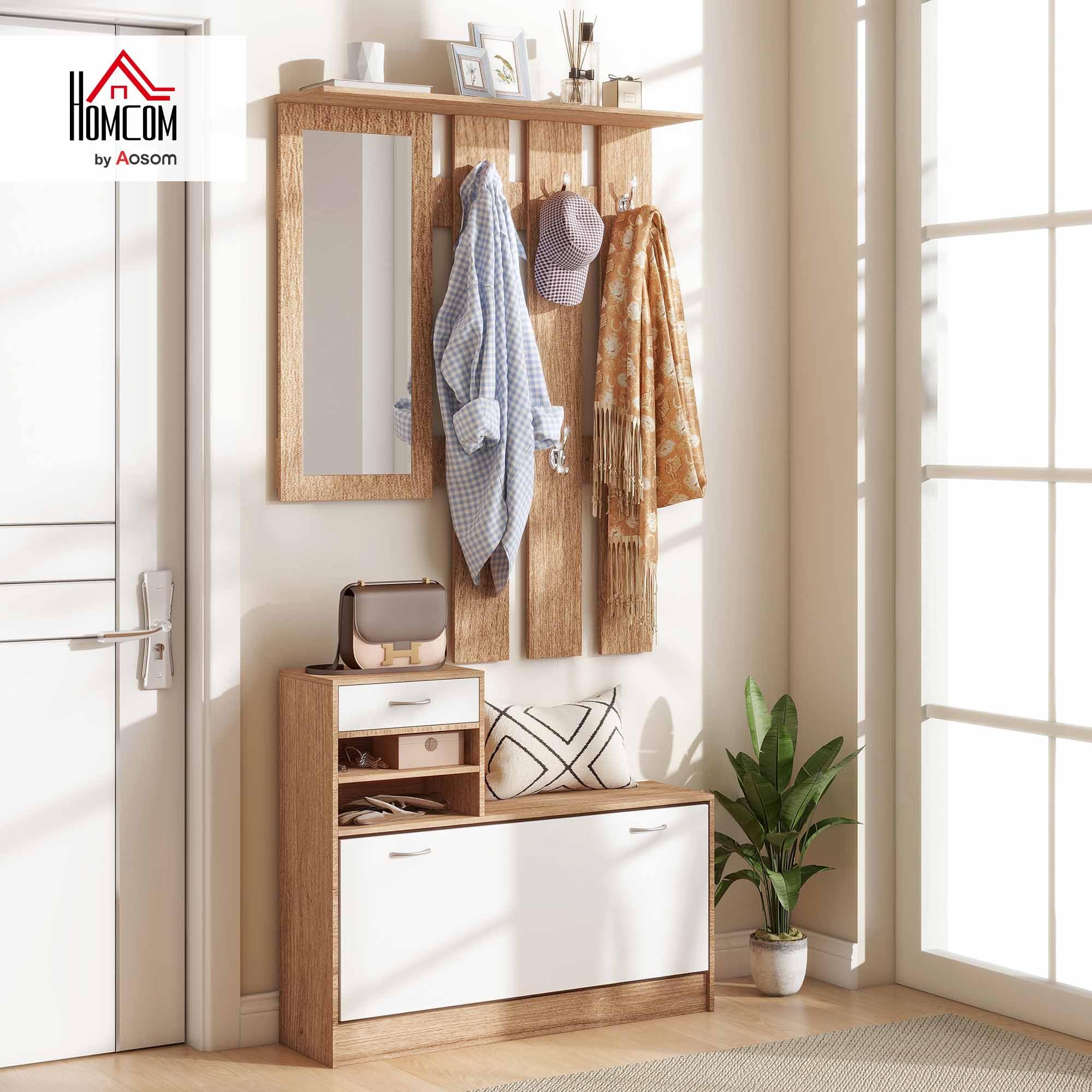 HOMCOM 3-in-1-Garderobenschrank mit Garderobenpaneel, Spiegel und Schuhbank - 6 Haken und verstellbares Regal, Walnussholz und Weiß