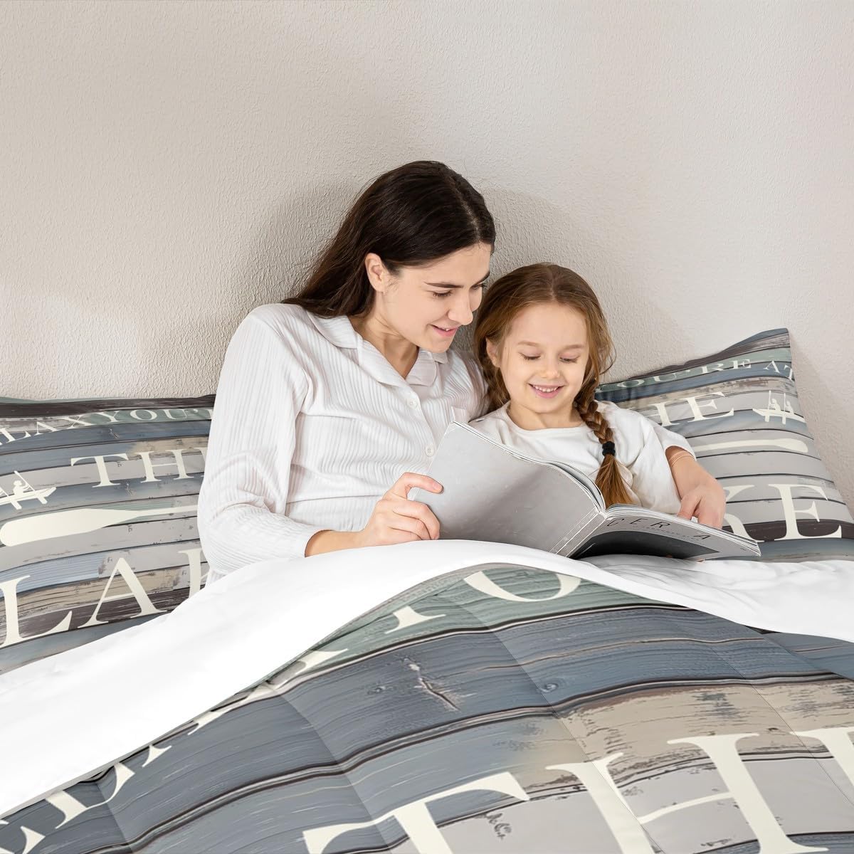 Rustic Farmhouse Bedding Comforter Set King Size Grey White Quilted Duvet Insert Kids Boys Women Adults Lake House Decor 2pcs Men Teens Retro Wooden Bedspread Lake Life Themed Comforter,2 Pillowcases