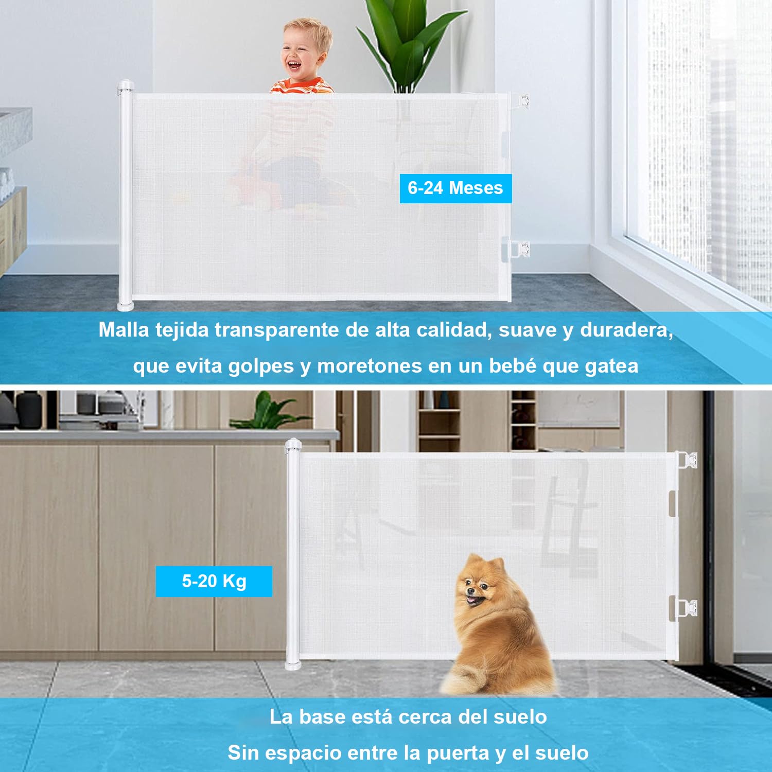 Puerta Seguridad Bebé Extensibles, Barrera Seguridad Nños y Perros, 0-150 cm Retráctil Vallas para Escaleras y Pasillos, Interiores y Exteriores