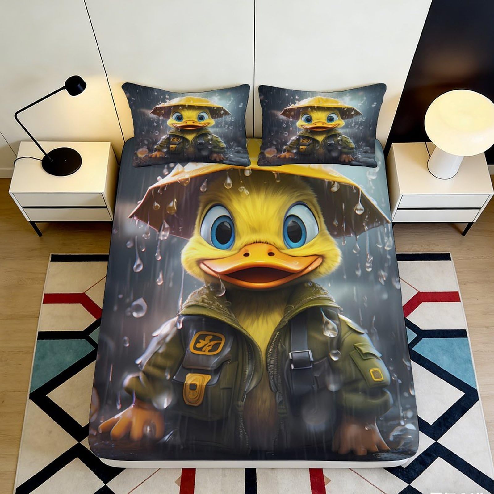 3D Printed Rainy Duck Cartoon Fitted Sheet Microfiber Soft Waterproof Yellow Duckling Bed Cover for Bedroom Dorm Mattress Decor 140x200x25cm