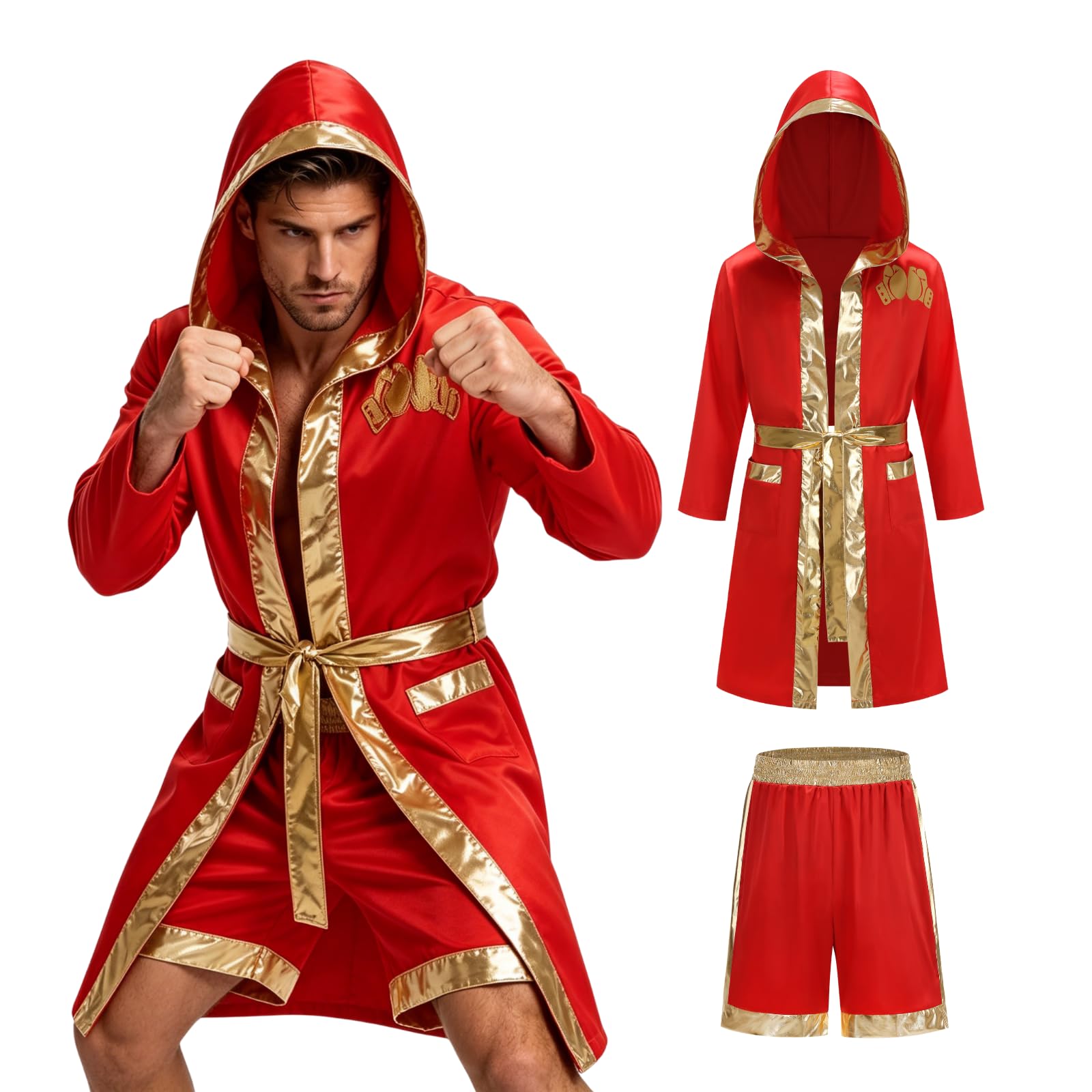 maxToonrain Men Champion Boxer Costume Set Adult Red Satin Boxing Outfit Robe with Golden Fist Flame Print& Matching Shorts for Halloween Cosplay Party Events (L)