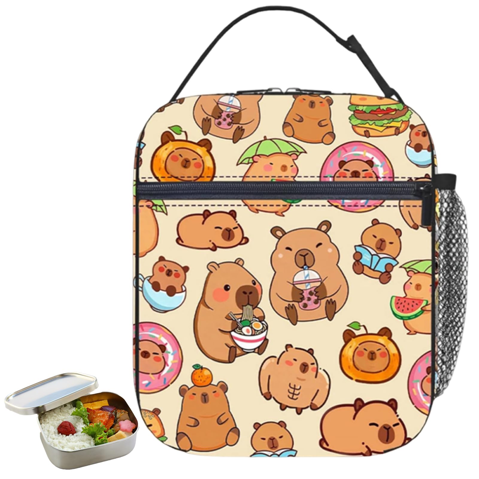 Rndqw Capybara Lunch Box, Capybara Lunch Bag with Cute Themed Design, Girls Lunch Bag Portable Insulated Food Container, Reusable Capybara Bag for School Office and Outdoor Activities