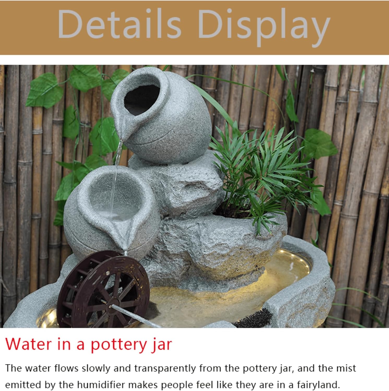 Elegant Outdoor Garden Water Fountain with LED Lights – Rock Texture Design, Multi-Tier Waterfall, Built-in Waterwheel, and Decorative Basin – Ideal for Home, Patio, and Yard Decoration (D)