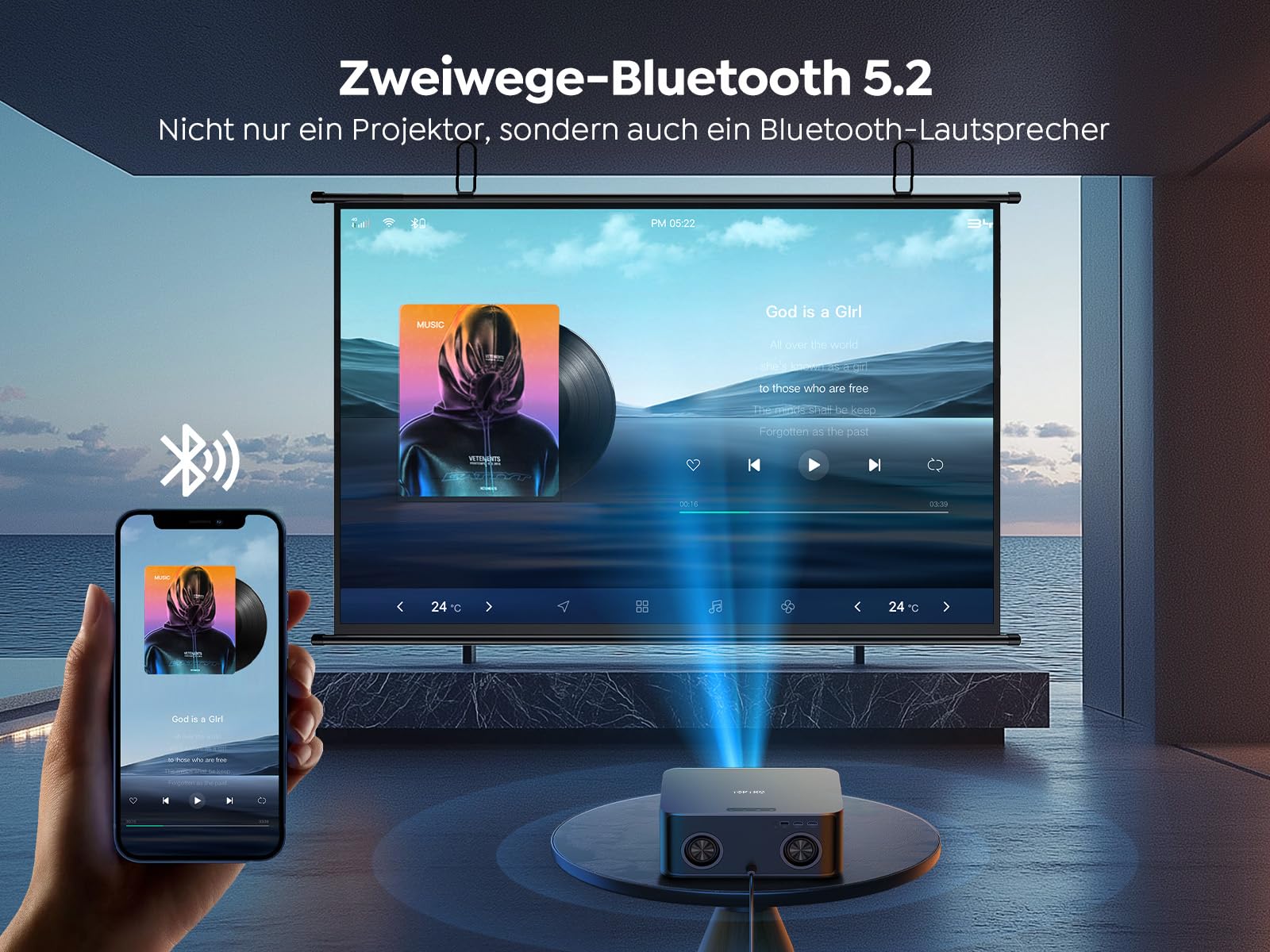 Toptro Beamer 4K 1500 ANSI Smart Beamer Heimkino 1080P Full HD Projektor mit KI-Autofokus Trapezkorrektur Bluetooth WiFi