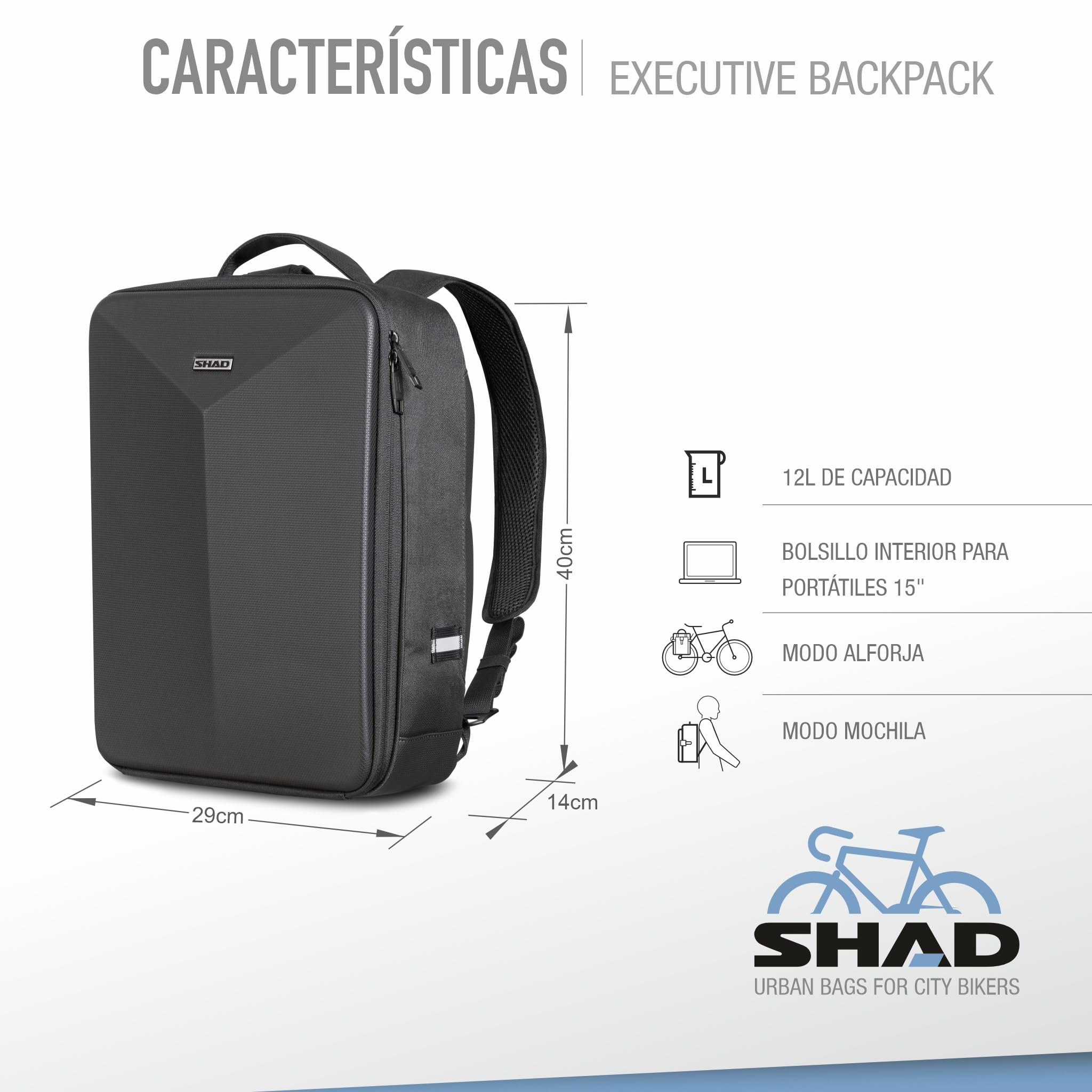 SHAD Bikes - Mochila alforja Bicicleta impermeable12L – Mochila Ejecutivo Hombre con Sistema KlickFix – Mochila portatil 15.6 Pulgadas Urbana – Backpack Laptop Resistente y Elegante para Oficina