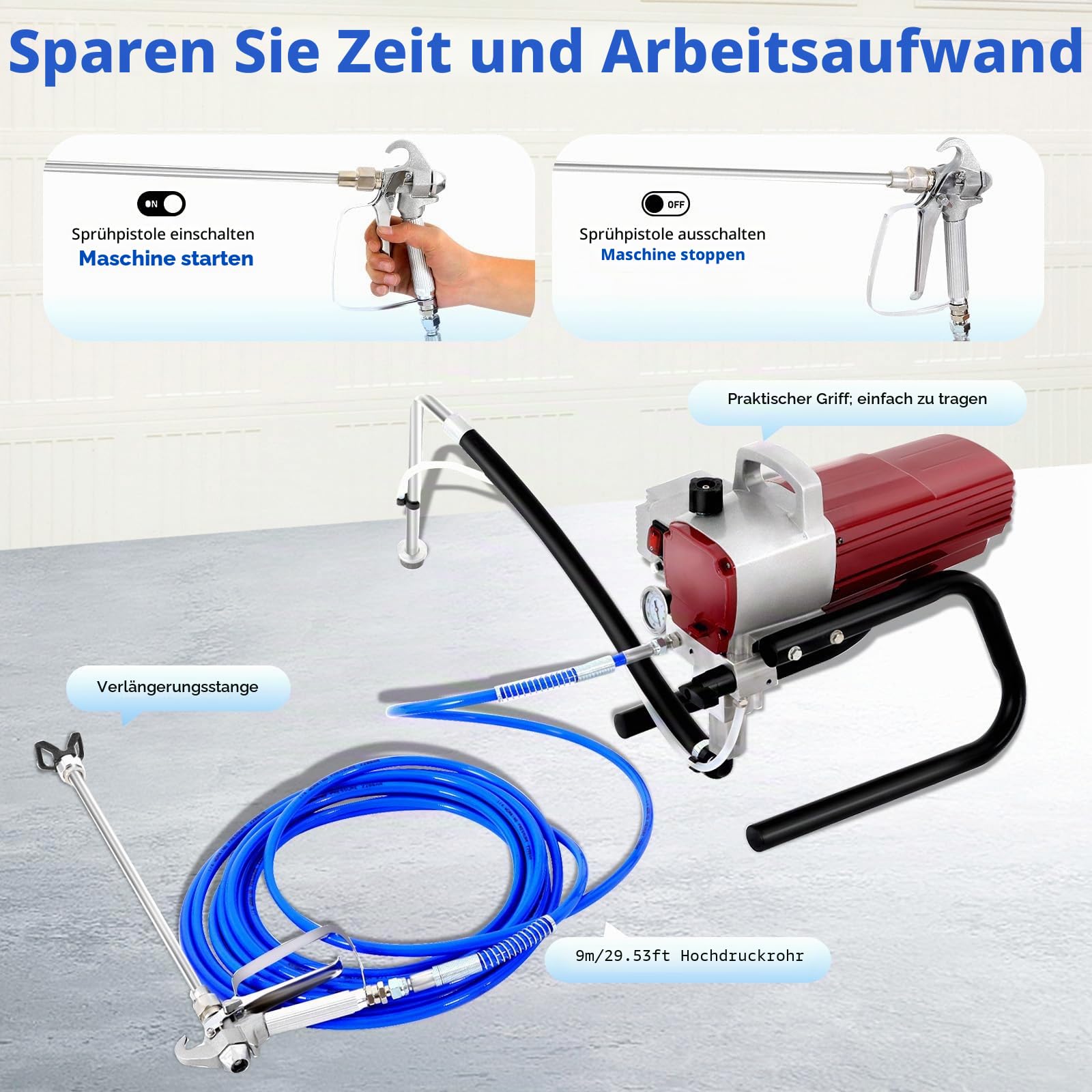 Airless Farbsprühgerät, Wandfarbe Sprühgerät Mit Schlauch Und Farbpistole, Farbsprühsystem Sprühgerät Für Fassaden- & Wandfarbe Lack & Lasur, 1800w